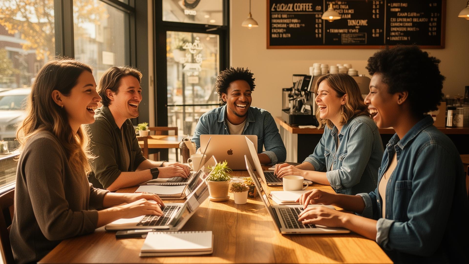 A small cohort of business owners and an Integrator working over open books and a laptop at a sunlit table.