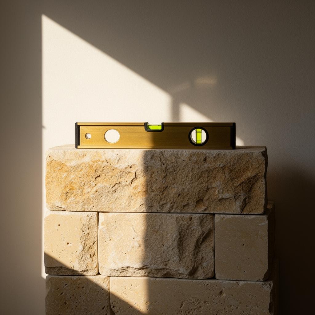A brass spirit level resting perfectly flat across precisely stacked limestone ashlar blocks in raking sunlight.