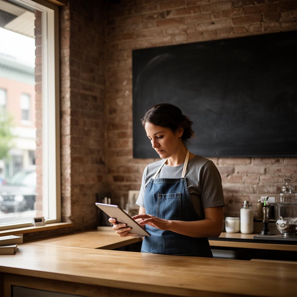 A small business owner behind her shop counter checking a tablet in warm morning light.